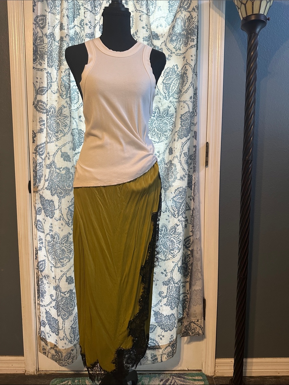 Anthropologie Olive Maxi Dress Skirt with Black Lace Trim
